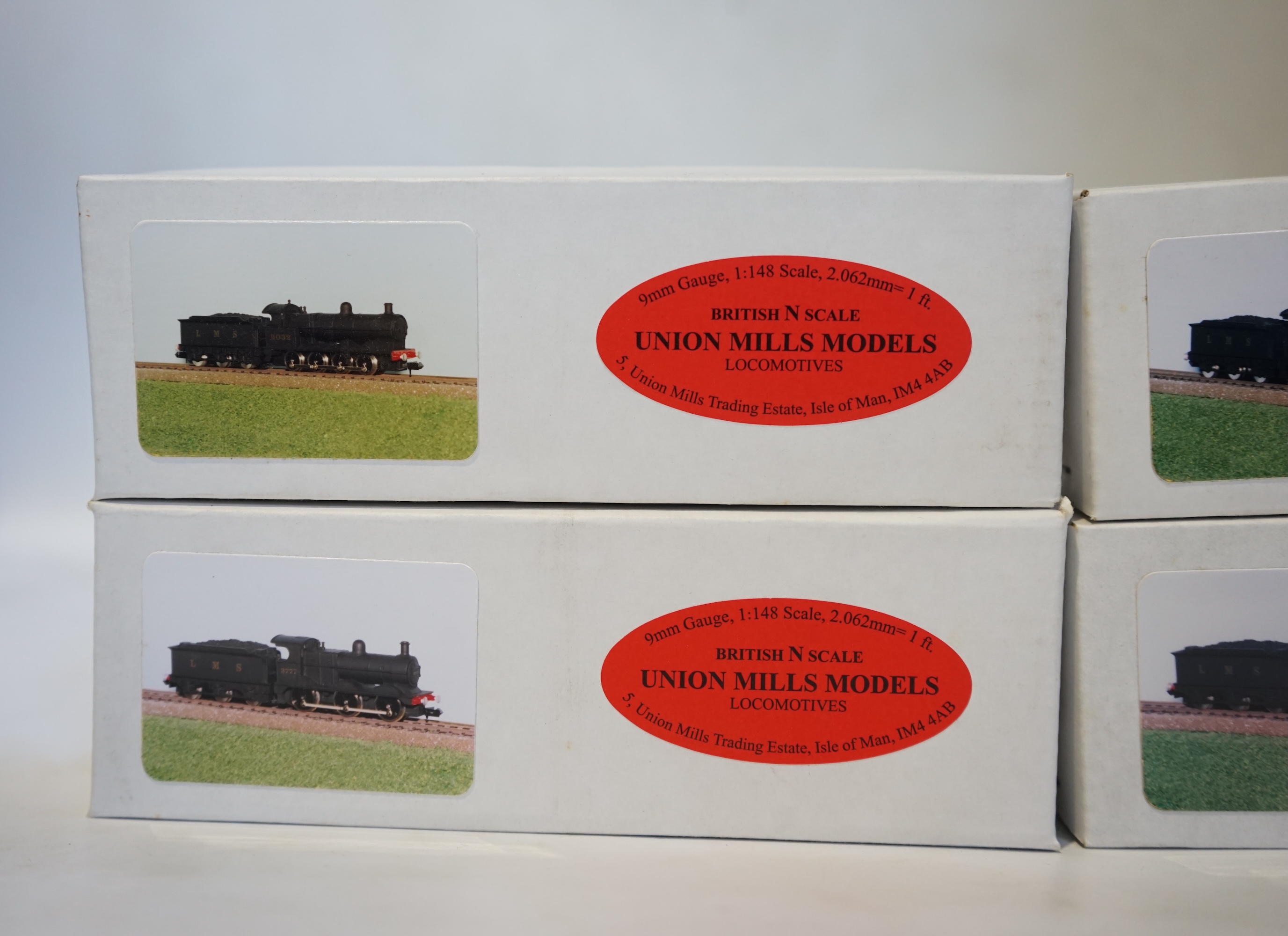 Four boxed Union Mills N gauge railway LMS tender locomotives; a Class G2, 9032, two Class 3F, 3777 and 3394, and a Class 2P, 542. Condition - good.